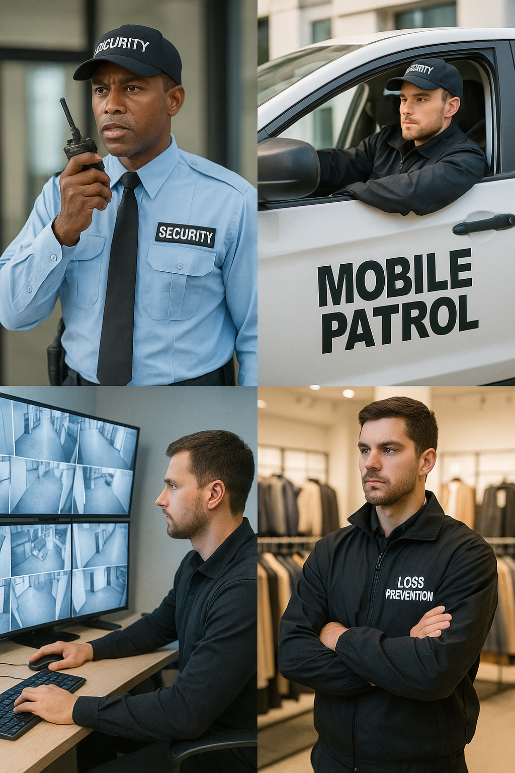A collage of private security workers in different roles: uniformed guard, mobile patrol, CCTV operator, and loss prevention officer.
