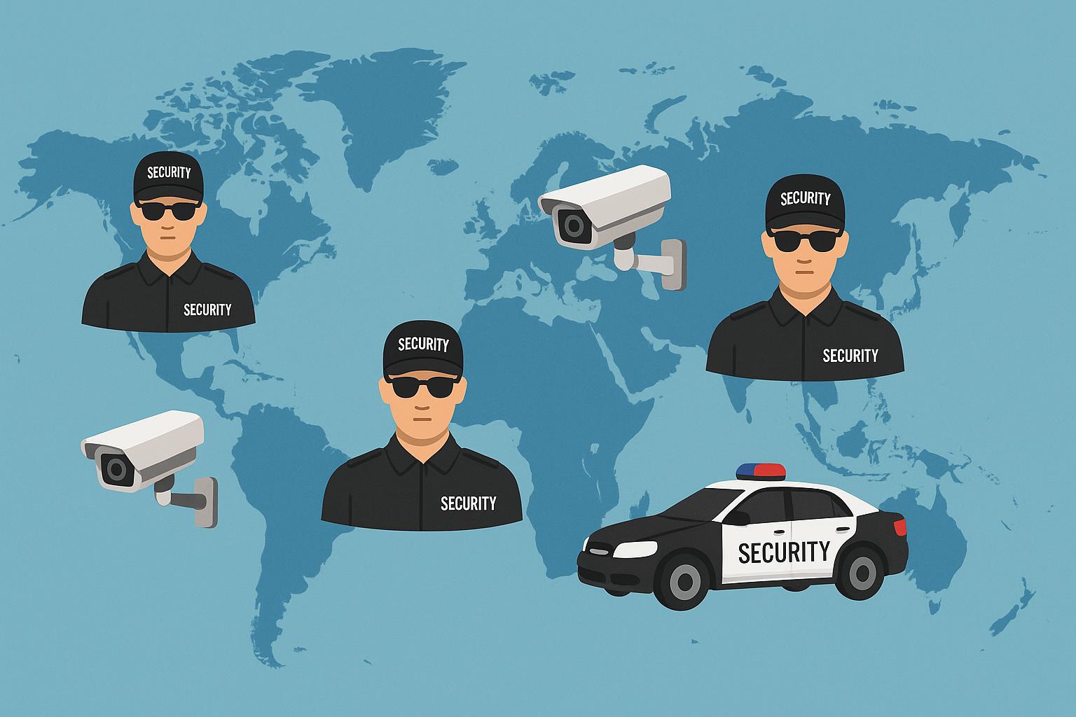 A world map with private security icons (guards, cameras, patrol cars) over key regions like North America, Africa, and Asia.
