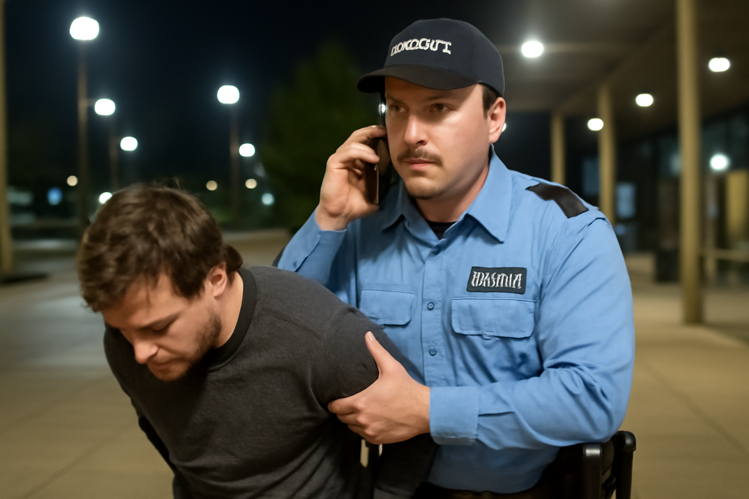 A uniformed security guard calmly detaining a person while calling police, in a well-lit public space at night.