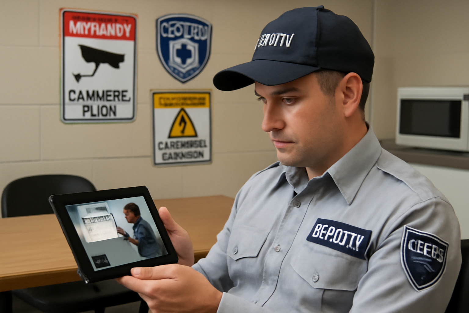 A security guard watching a training video on a tablet in a break room, wearing a uniform, with clear security signage in the background.