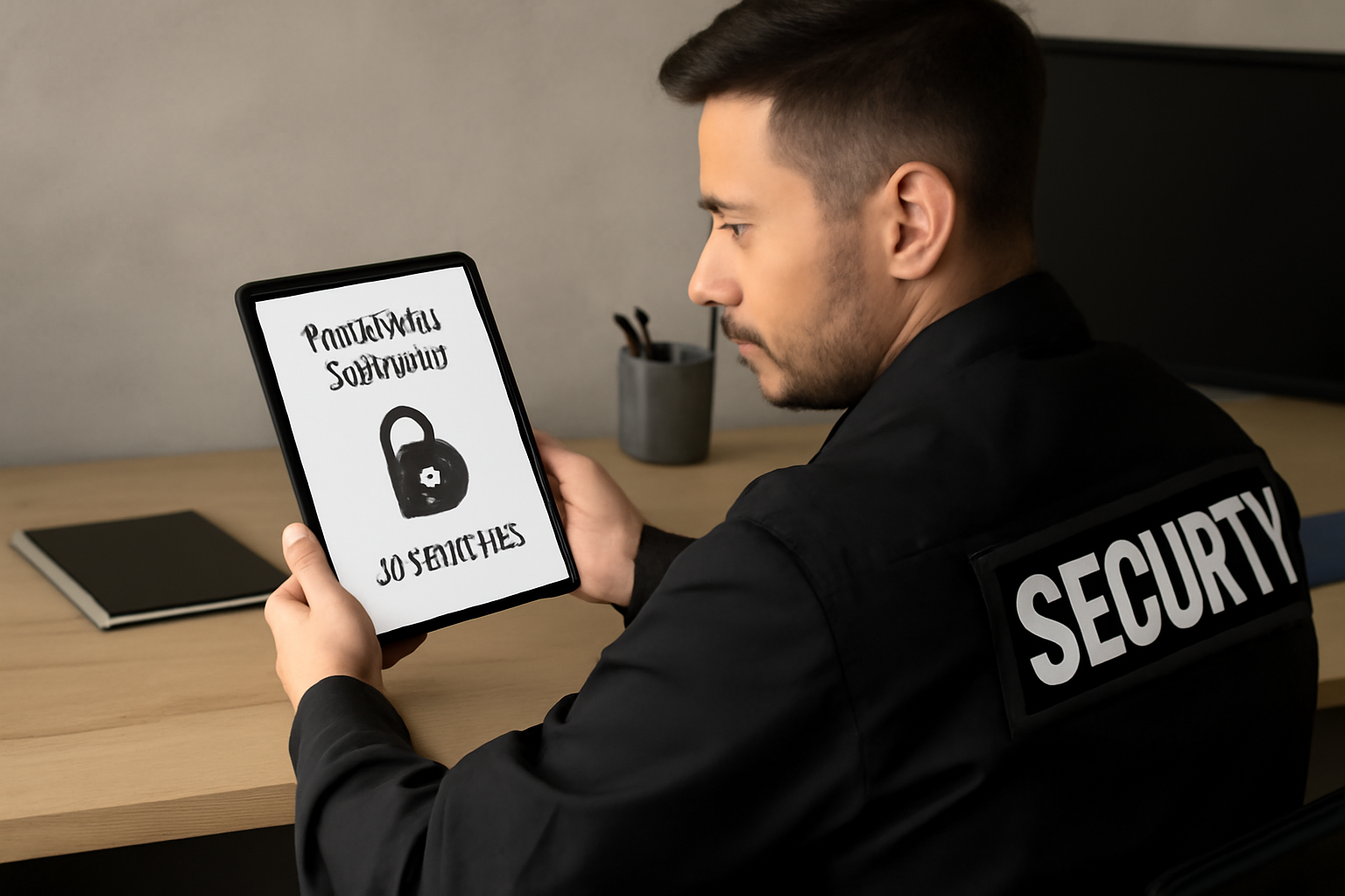 A security officer reviewing a digital document labeled 'Training Manual - Confidential' with a lock icon over it, symbolizing intellectual property protection.