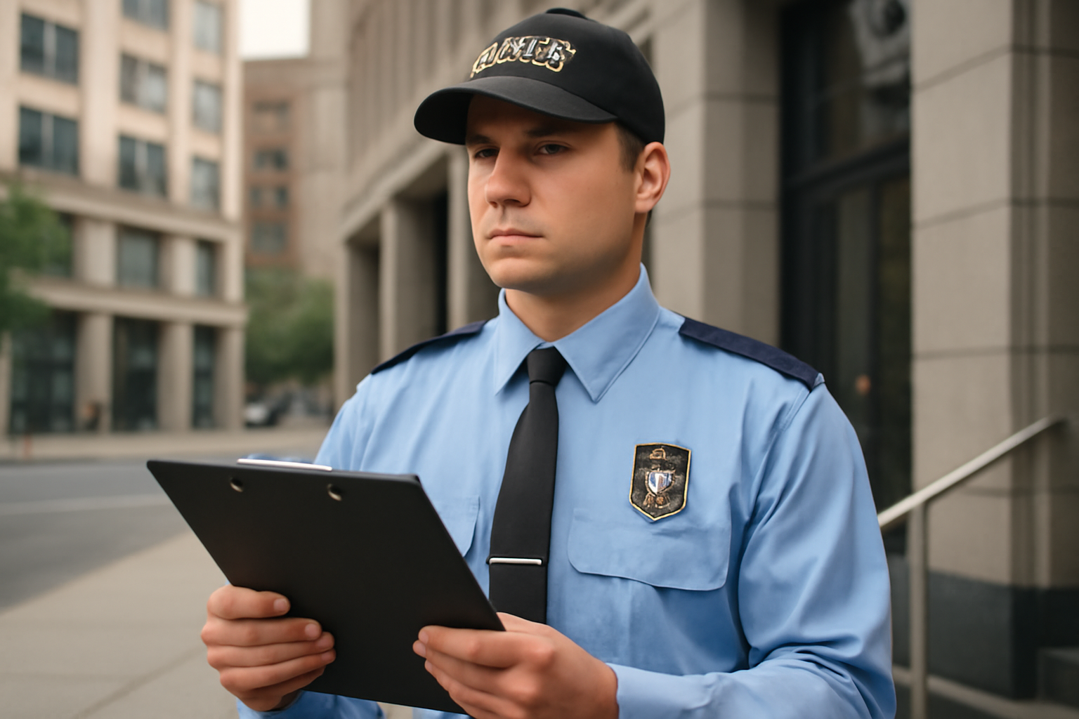 A uniformed security guard holding a clipboard with a visible license badge, standing in front of a city building, daylight setting.