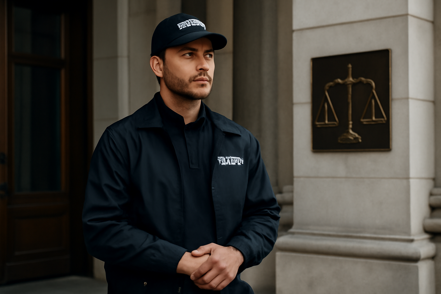 A uniformed security guard standing alert near a building entrance, with legal scales subtly in the background.