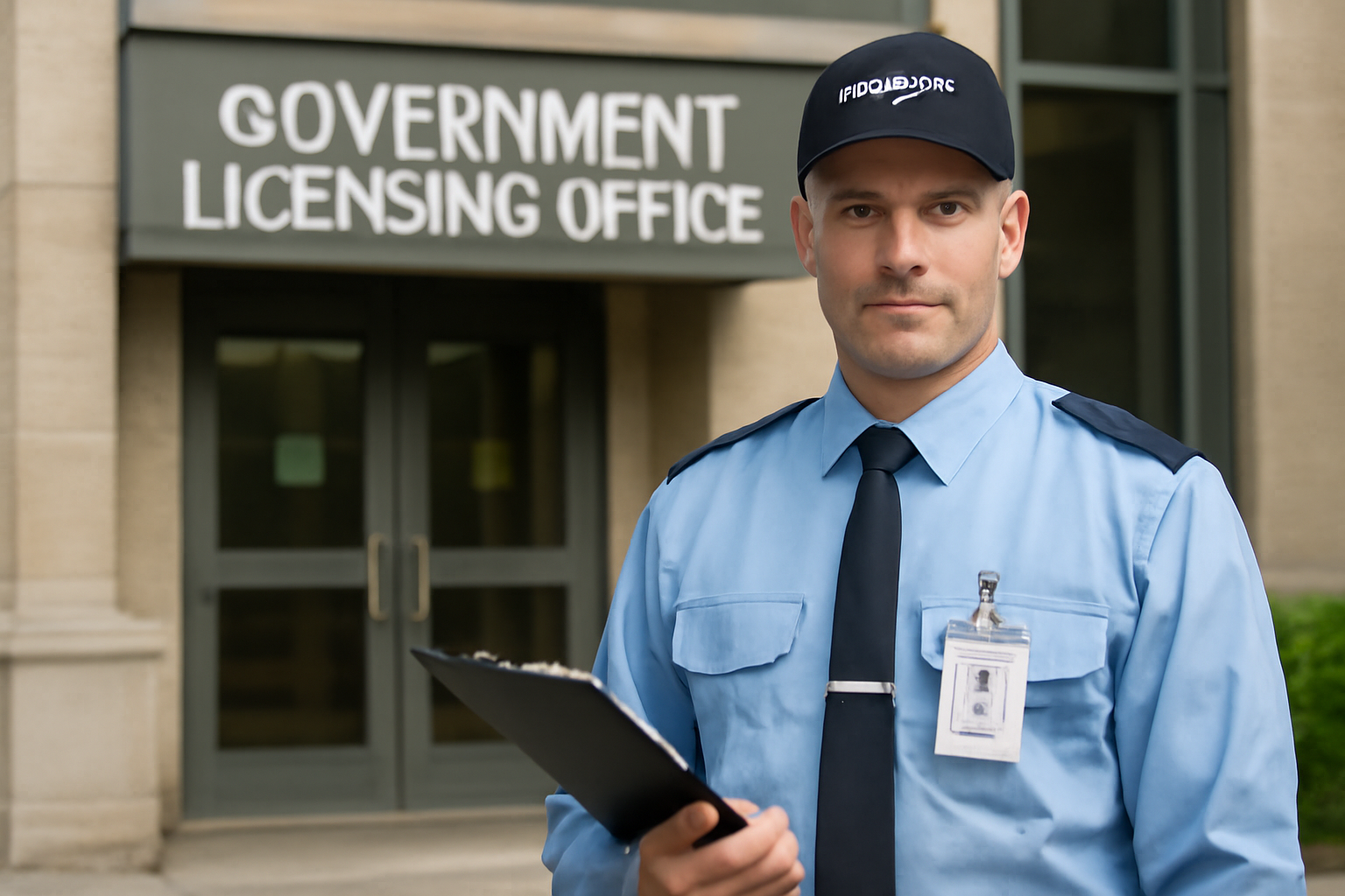 A uniformed security officer holding a clipboard and ID badge, standing in front of a government licensing office