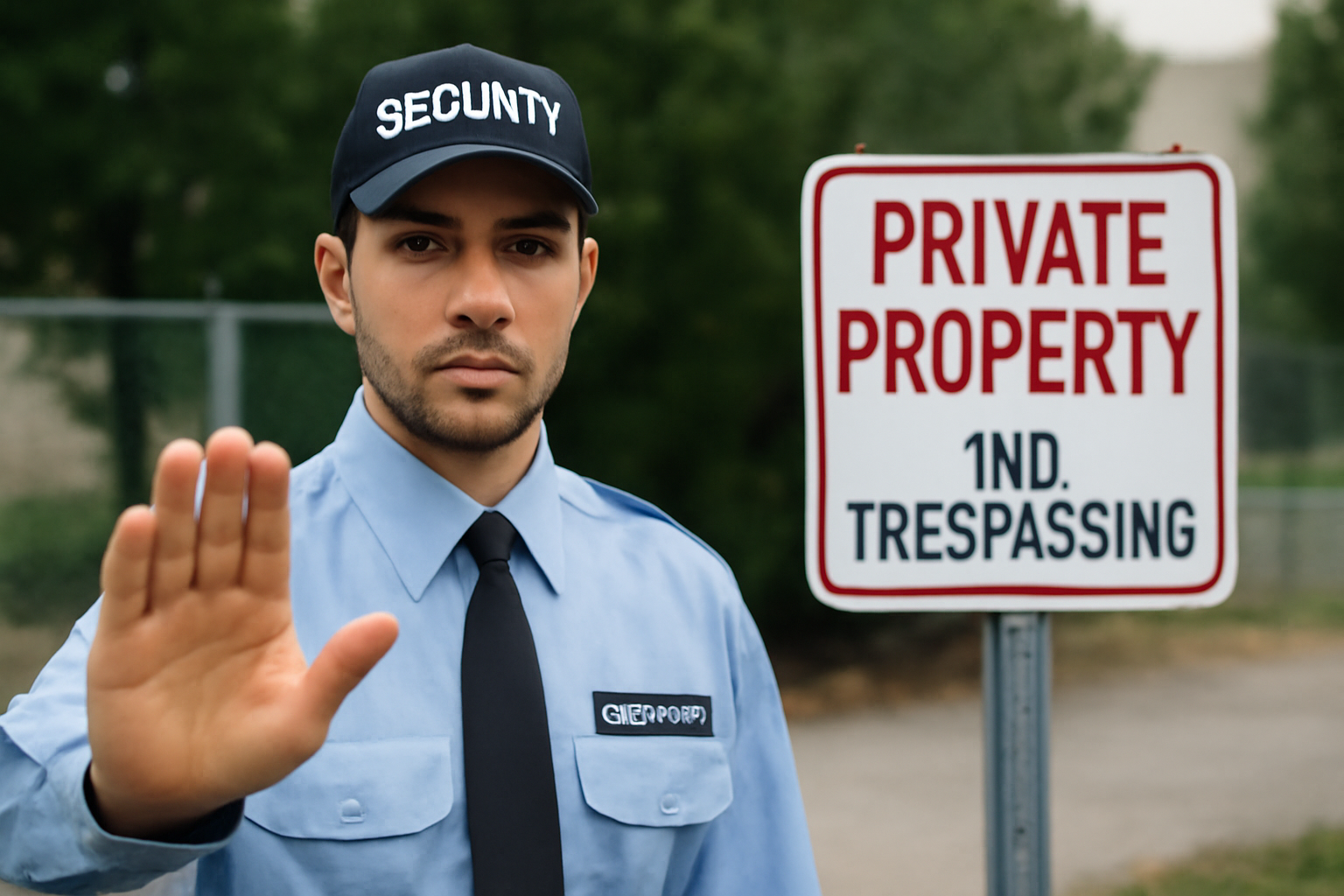 A security guard holding up a hand in a stop gesture, standing near a private property sign, with a calm but alert expression.