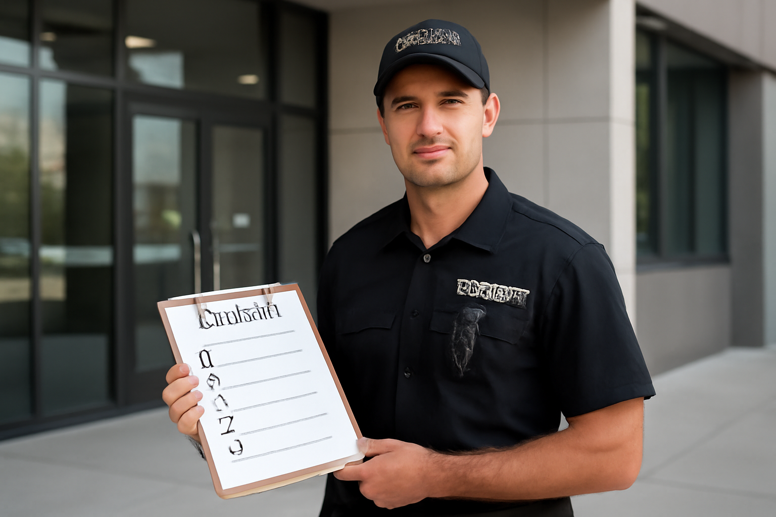 A uniformed security officer standing confidently outside a commercial building, with a checklist in hand.