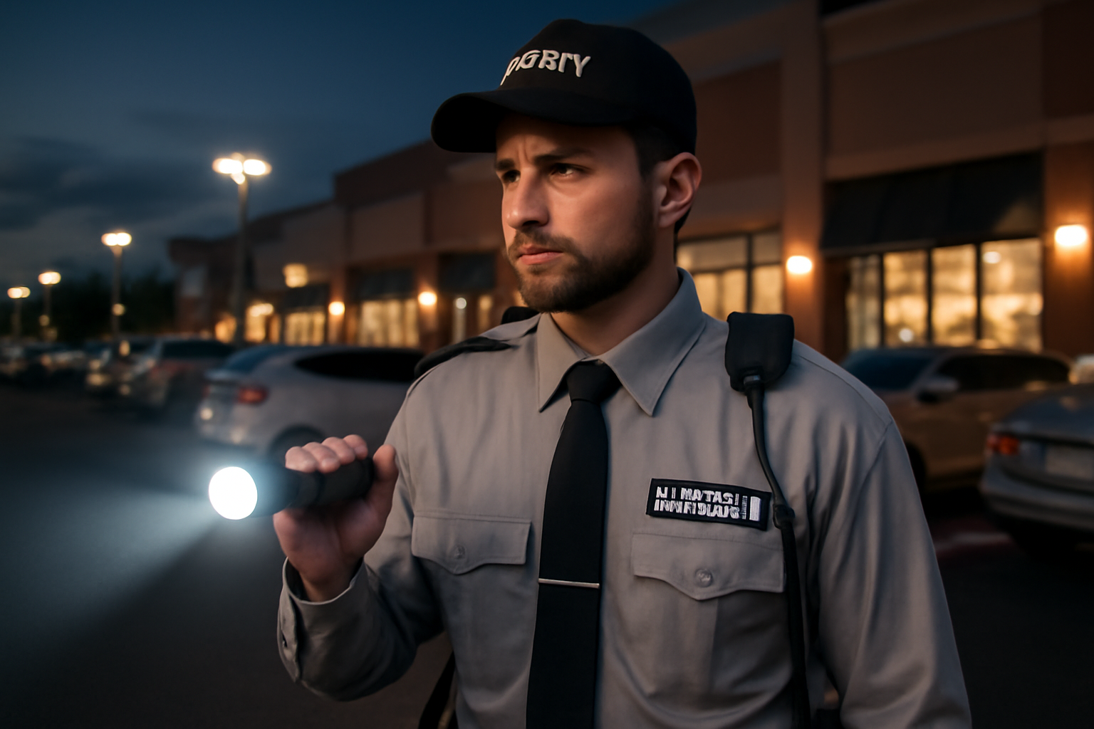 A uniformed private security guard patrolling a shopping center parking lot at dusk, staying alert with a flashlight in hand.