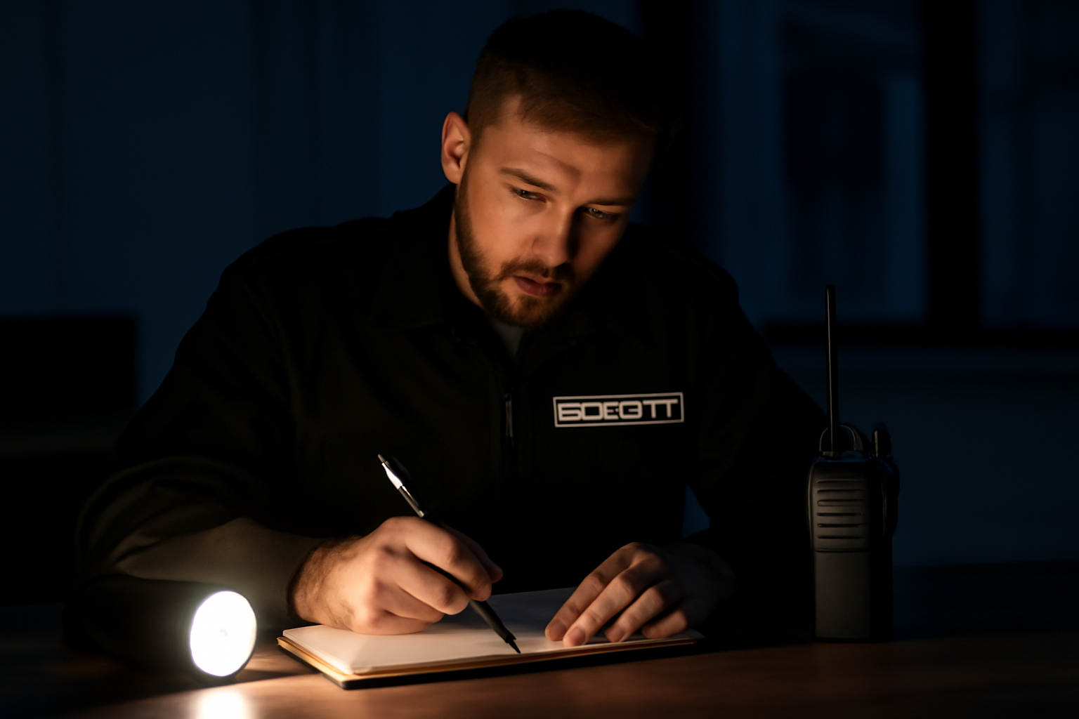 A security officer writing a report in a notebook with a flashlight and radio on the table, night shift setting.