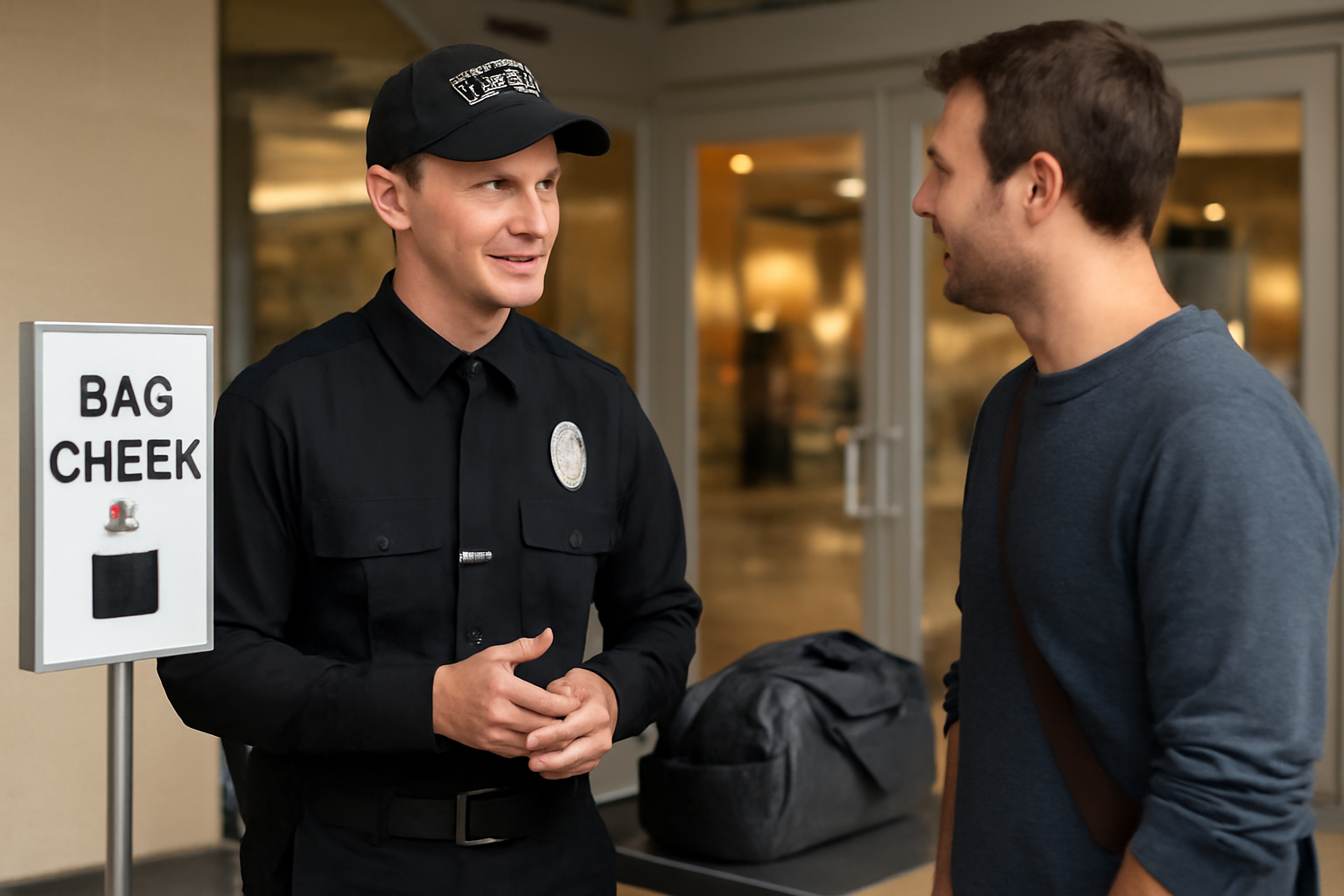 A private security officer at a mall entrance, respectfully speaking with a person near a bag check station