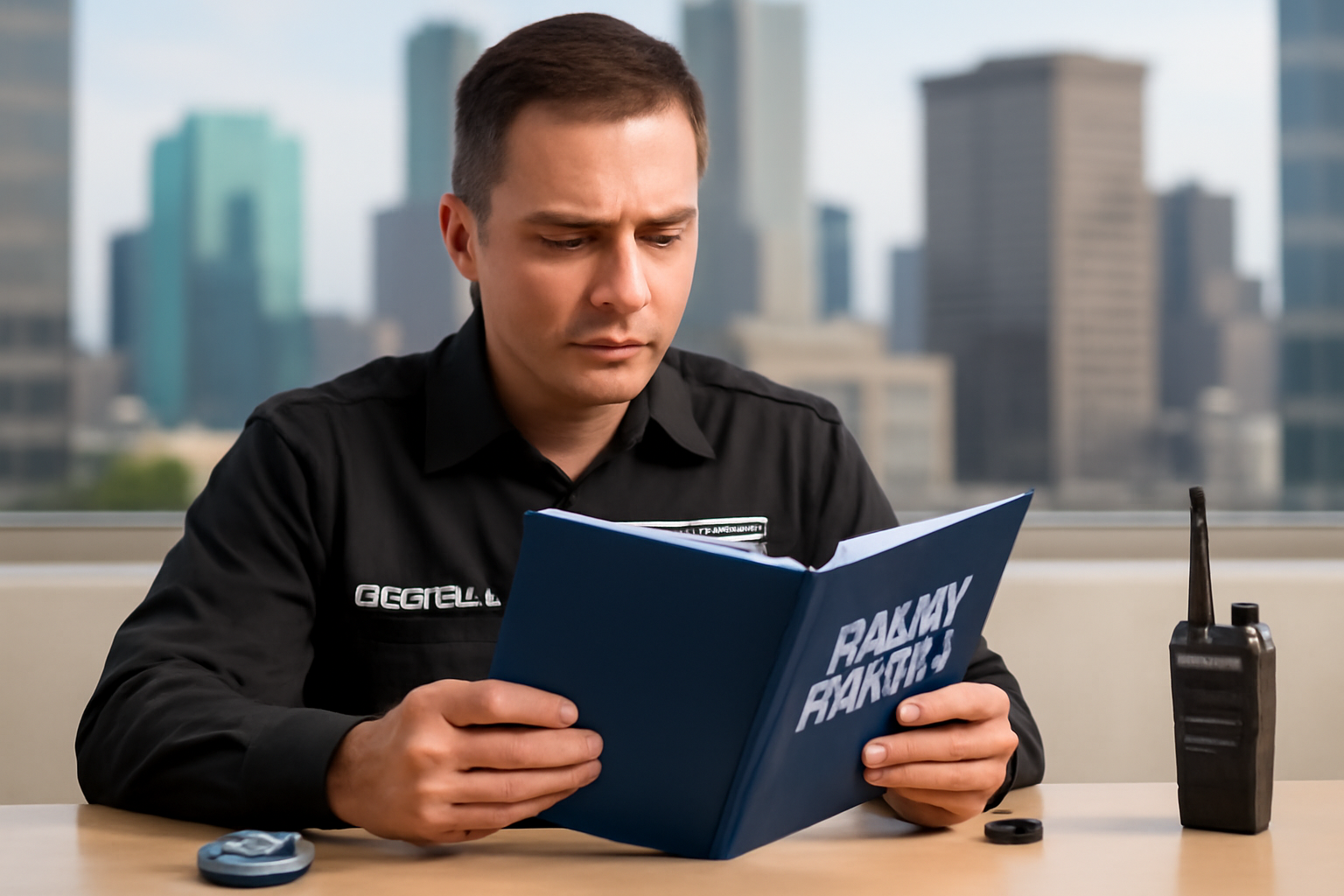 A private security guard reviewing a policy manual with a security badge and radio on a desk, city background