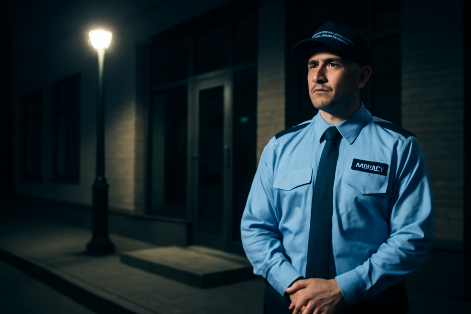 A uniformed security guard standing with hands visible, observing a situation calmly at night outside a building, symbolizing readiness and control.