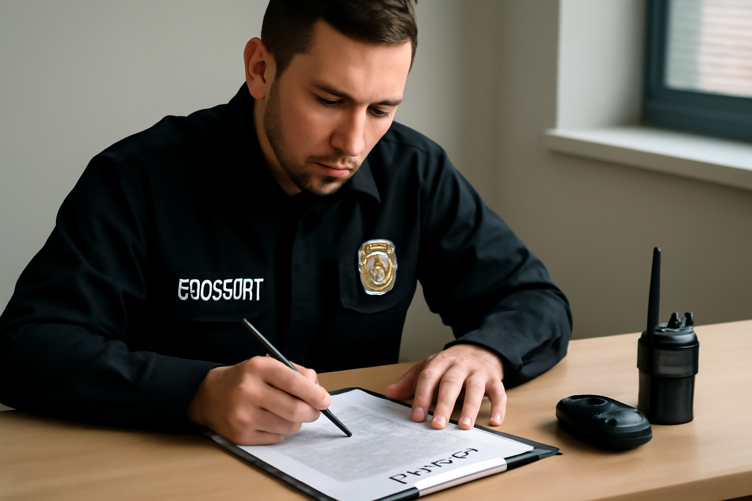 A private security officer reviewing a contract document at a desk, with a security badge and radio nearby.