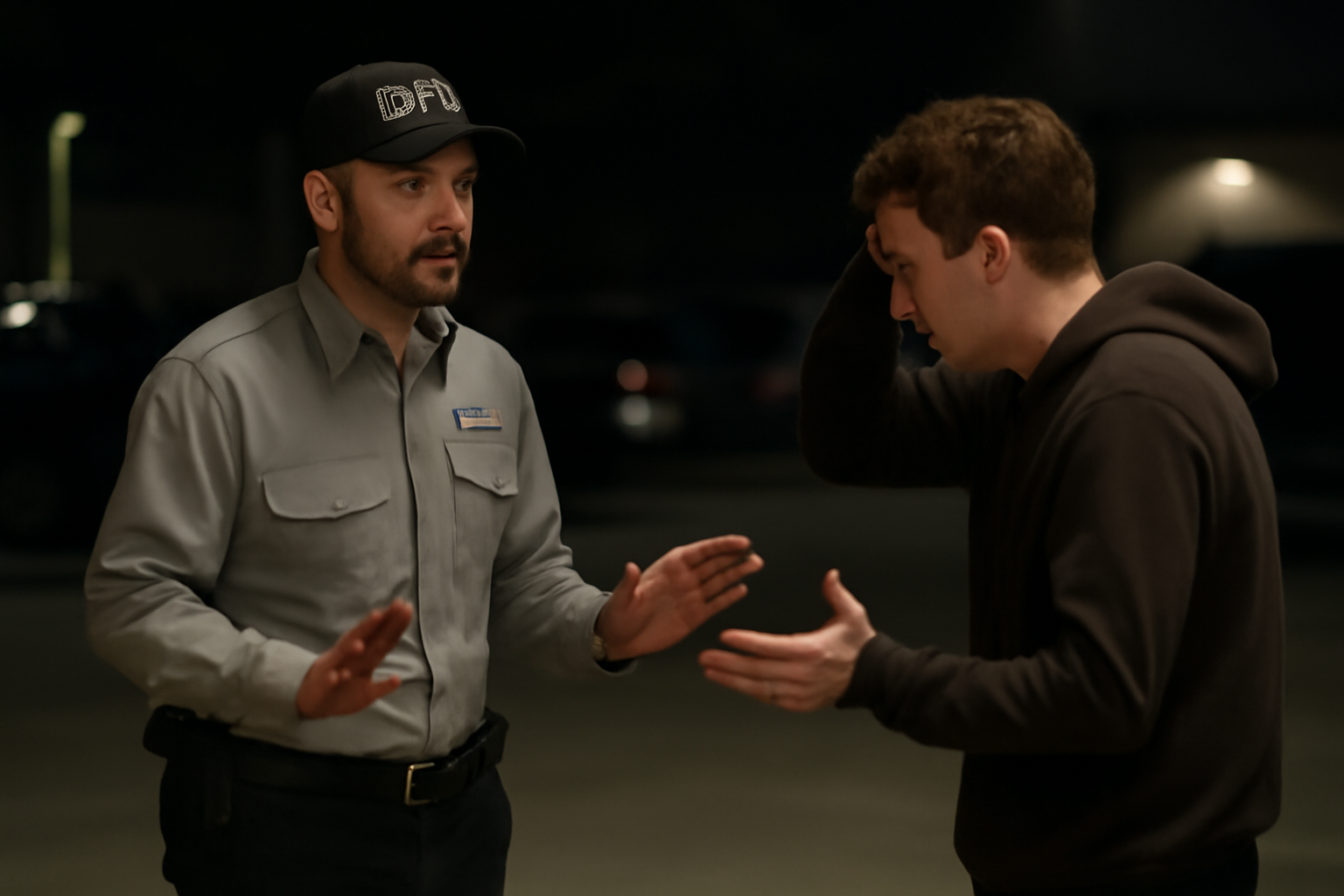 A uniformed security guard calmly talking to an upset person in a dimly lit parking lot, hands open and non-threatening, with a safe distance between them.