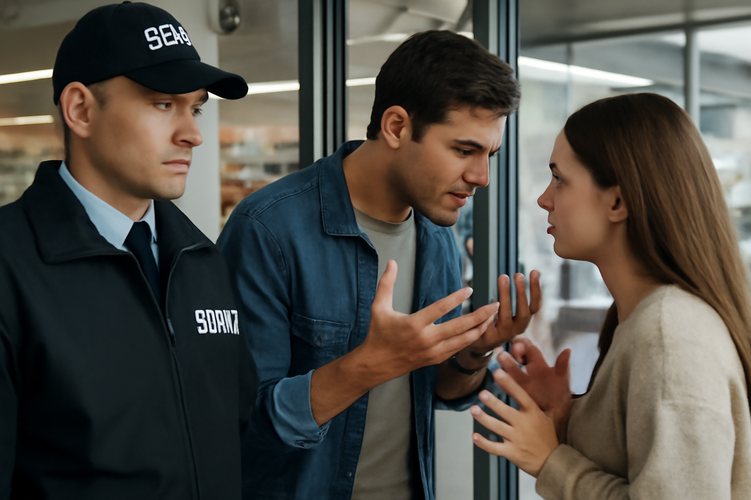 A uniformed security guard observing a tense interaction between two people in a retail or public setting, with a focus on body language cues.