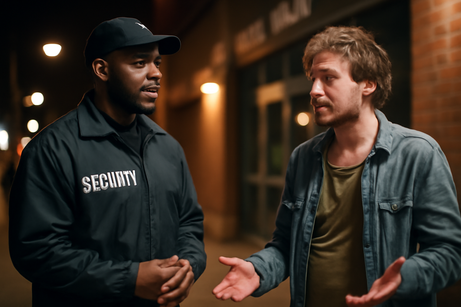 A private security guard calmly speaking to a visibly intoxicated person outside a public venue at night, maintaining a safe distance.