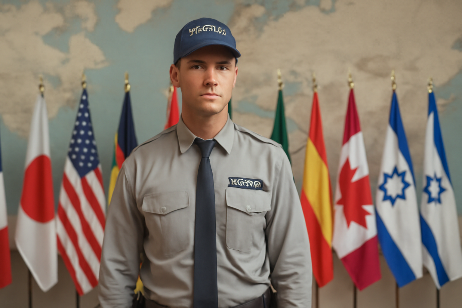 A security guard standing in front of international flags, with a world map in the background