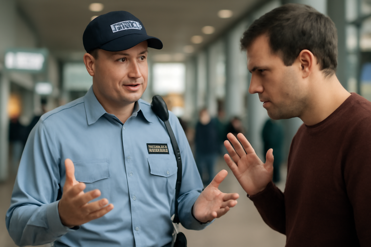 A calm security guard with open hands speaking to an upset person in a public place, showing peaceful body language