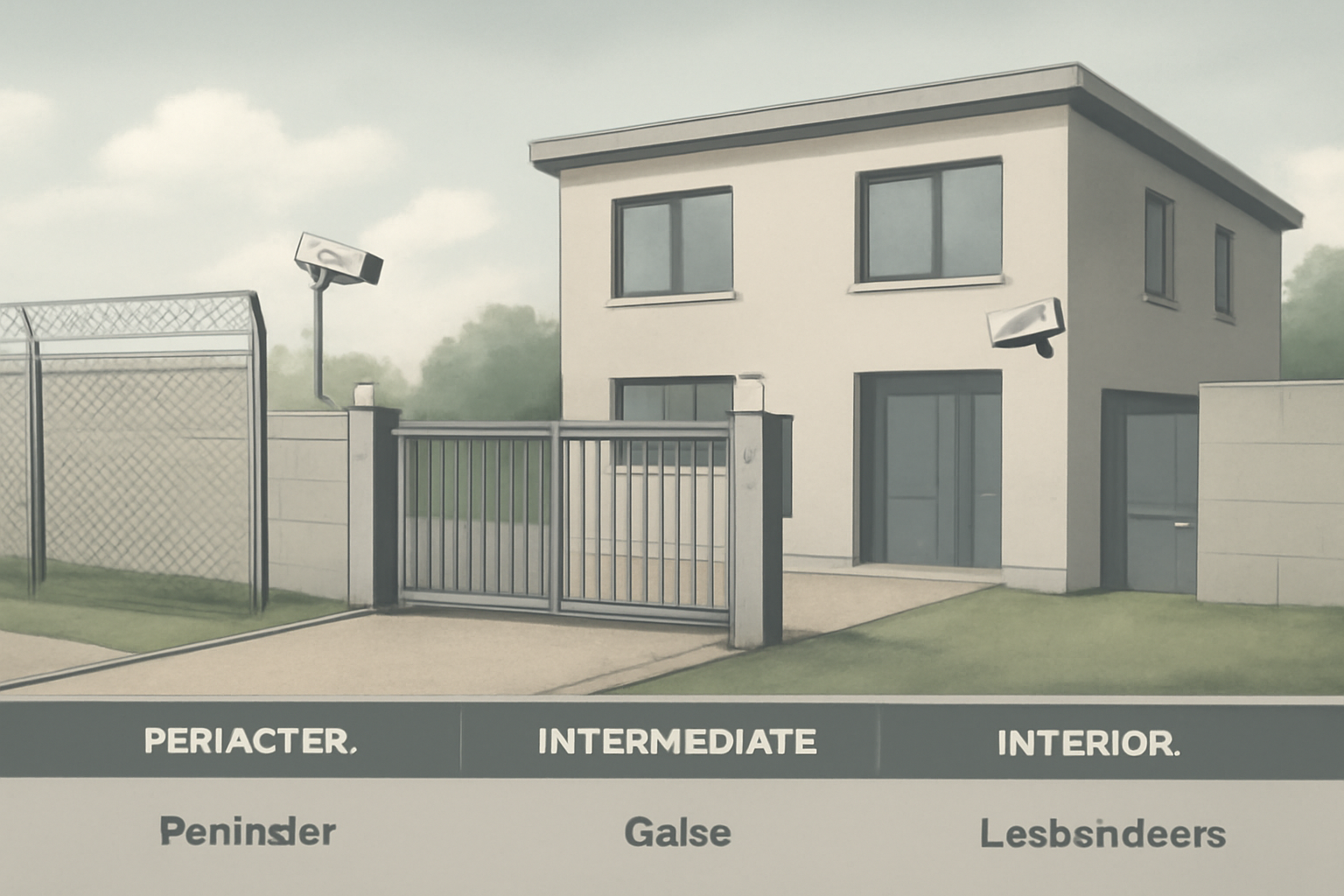 A layered security diagram showing a building with fences (perimeter), gates and cameras (intermediate), and locked doors (interior).