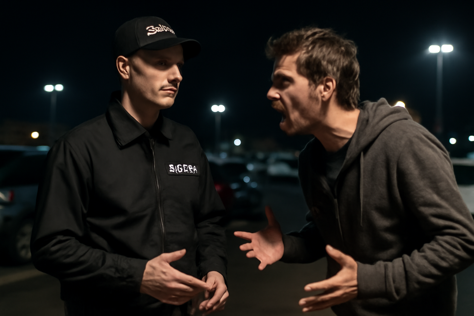 A private security officer calmly speaking to an angry individual in a parking lot at night, with a professional and composed posture.