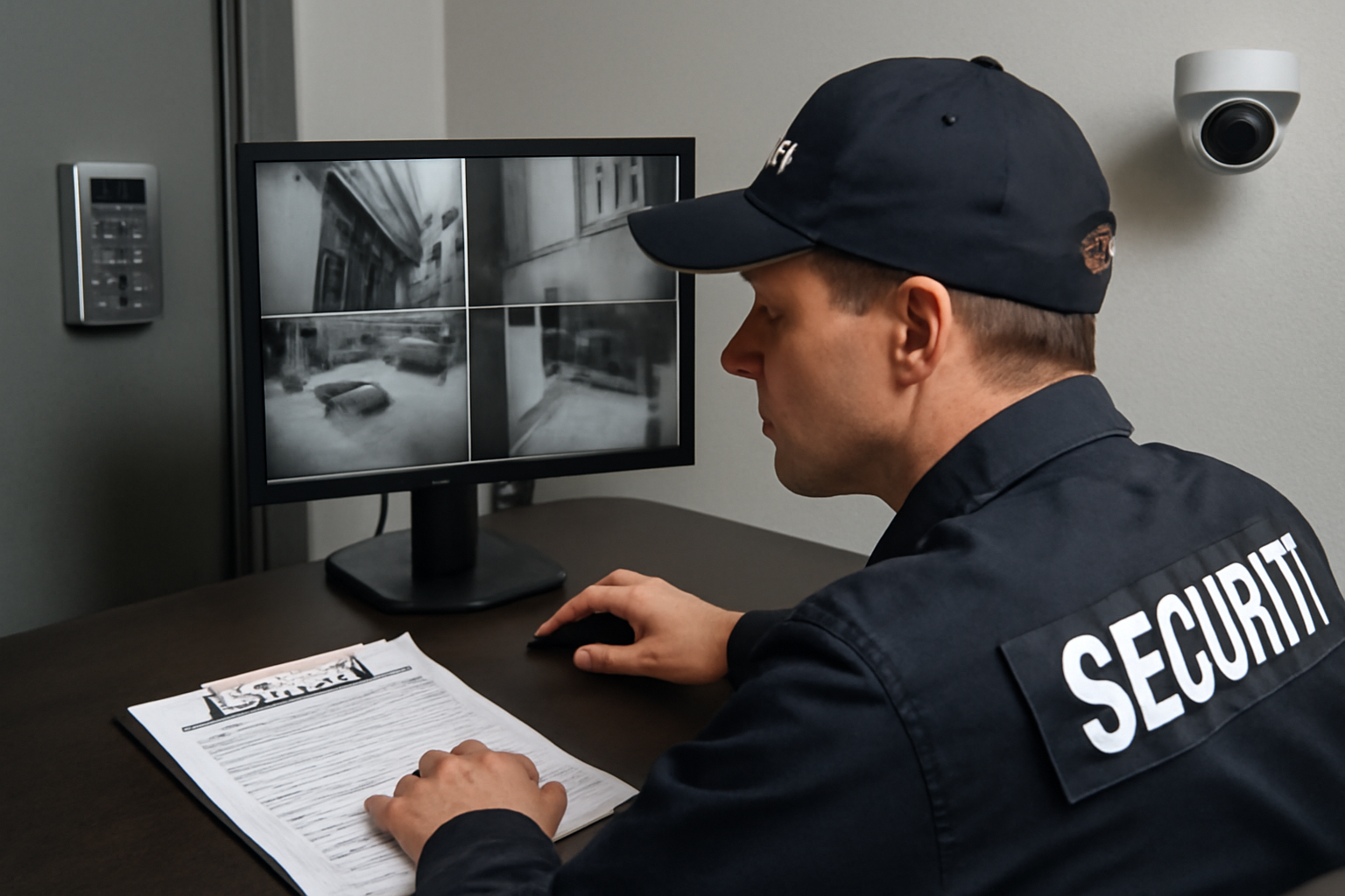 A security guard monitoring CCTV screens with a patrol checklist on the desk; background includes a keypad access door and a security camera.