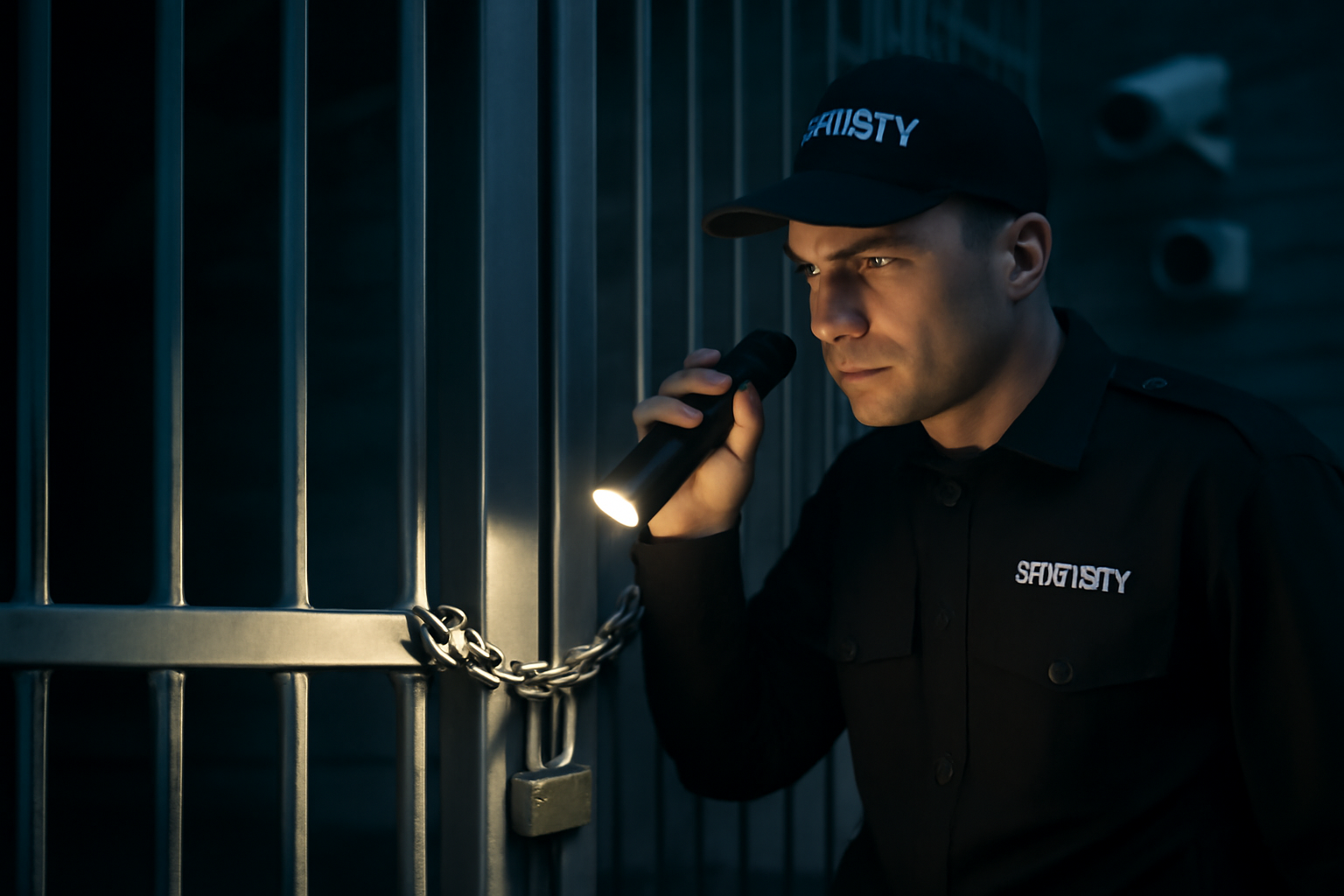 A uniformed security guard checking a locked gate at night, with a flashlight in hand, and CCTV cameras in the background.