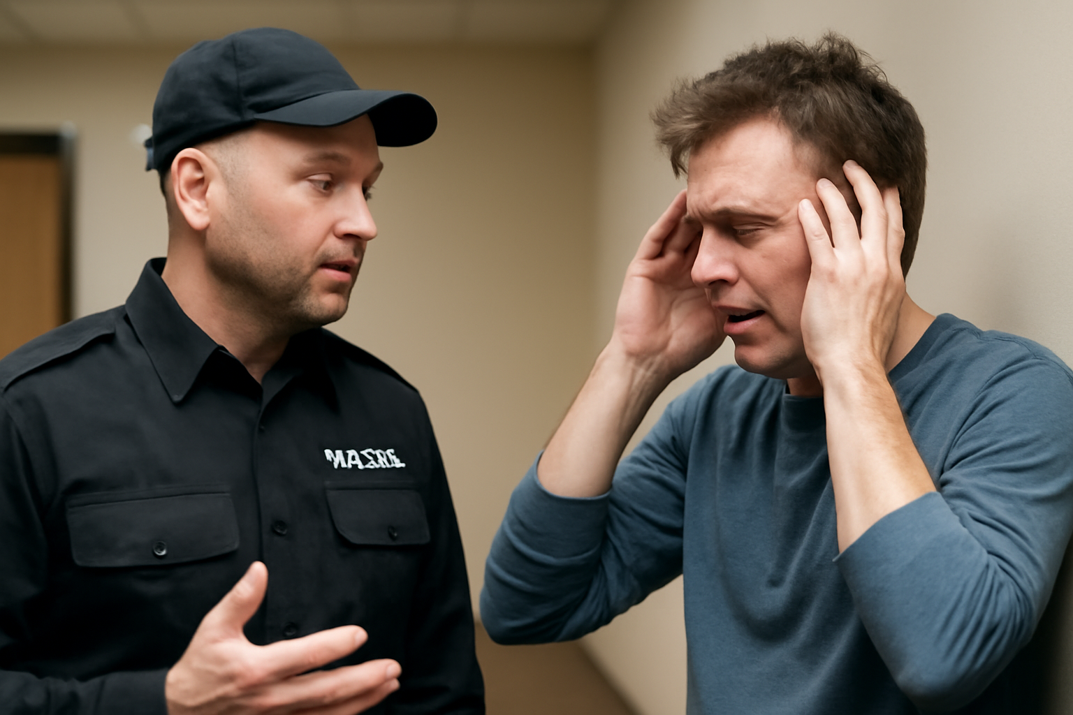 A security guard in uniform calmly speaking with an upset person in a realistic training scenario, indoor setting, neutral background