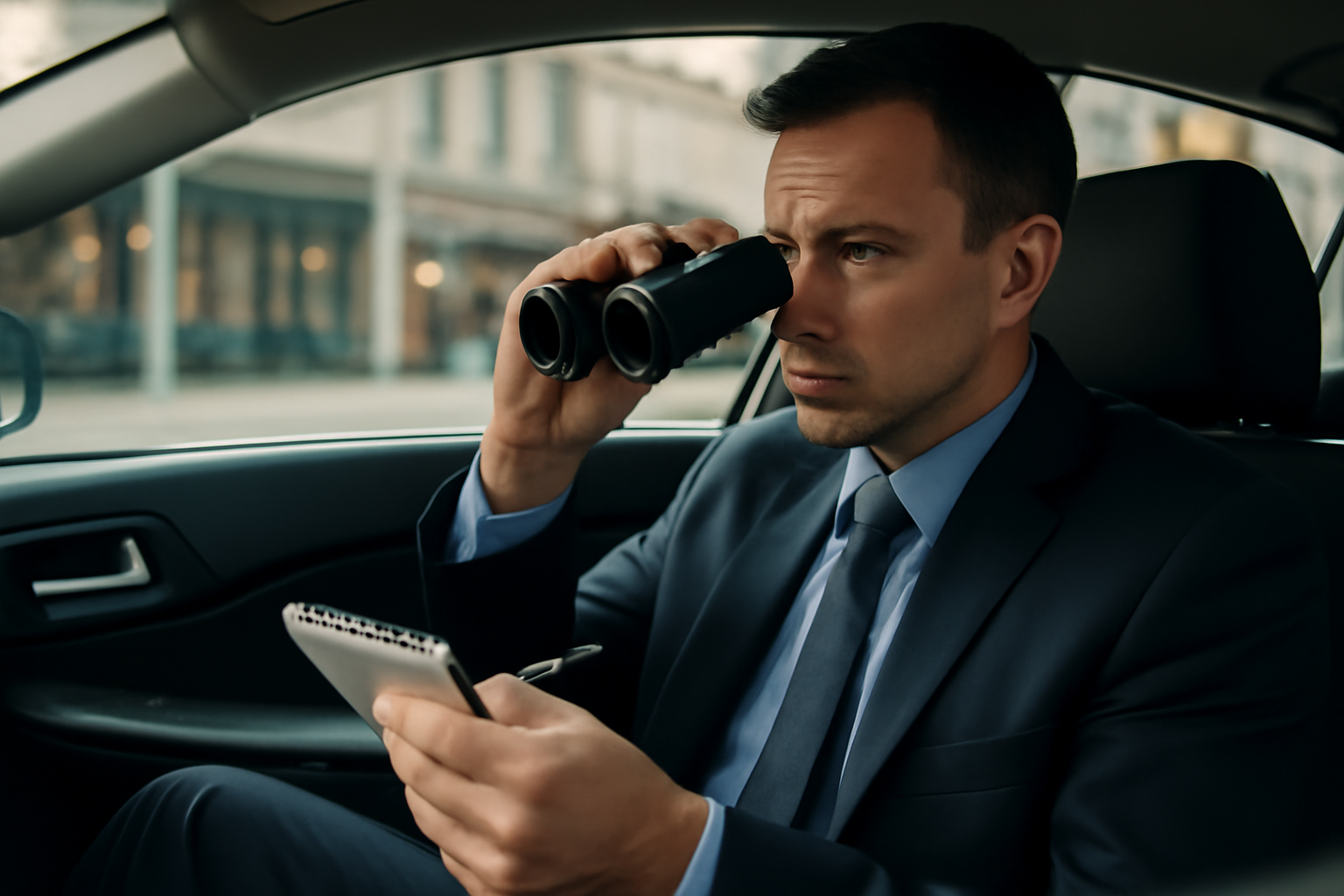A plainclothes security officer discreetly observing a scene from a parked car with a notepad and binoculars, in an urban setting