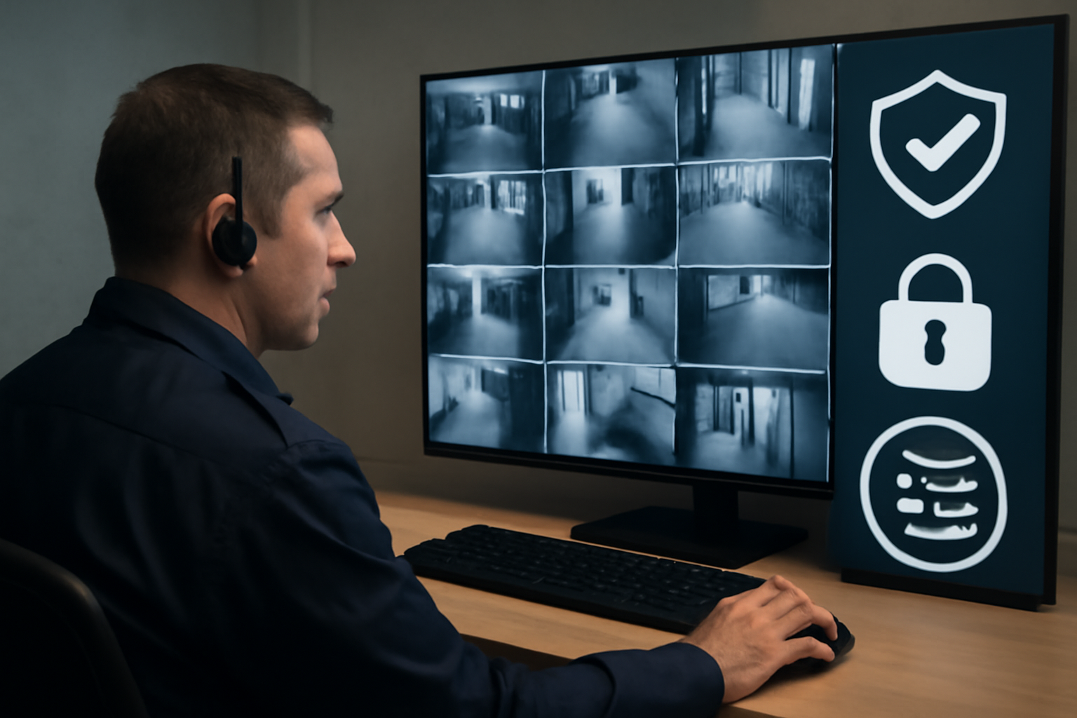 A security guard monitoring multiple digital security feeds on a screen, with icons representing cybersecurity standards and compliance (e.g., shield, lock, checklist).