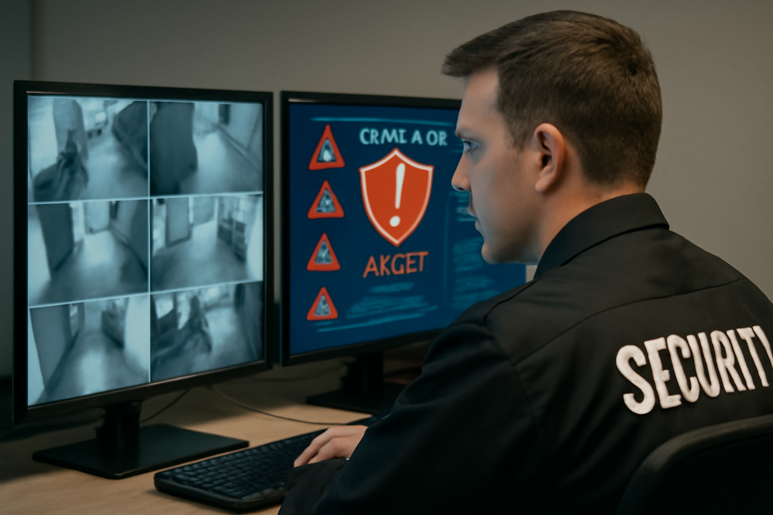 A security officer monitoring both CCTV and a digital dashboard showing cybersecurity alerts.