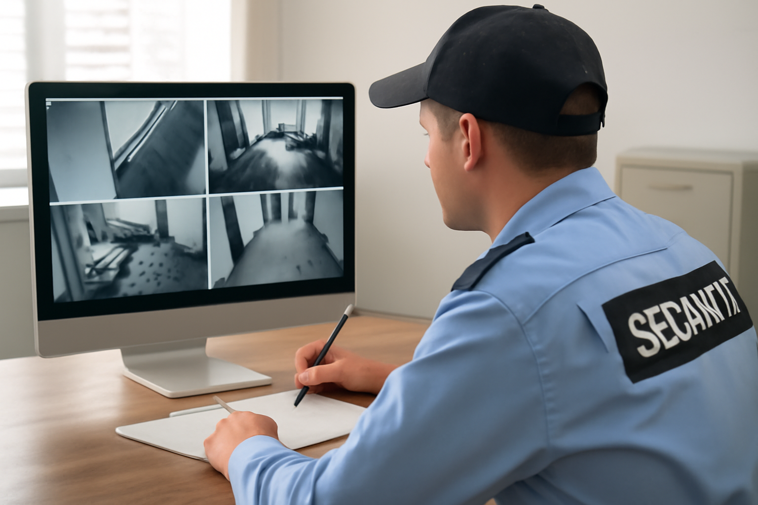 A uniformed security guard at a desk reviewing digital security footage on a monitor, with a notepad beside them, in a well-lit control room.