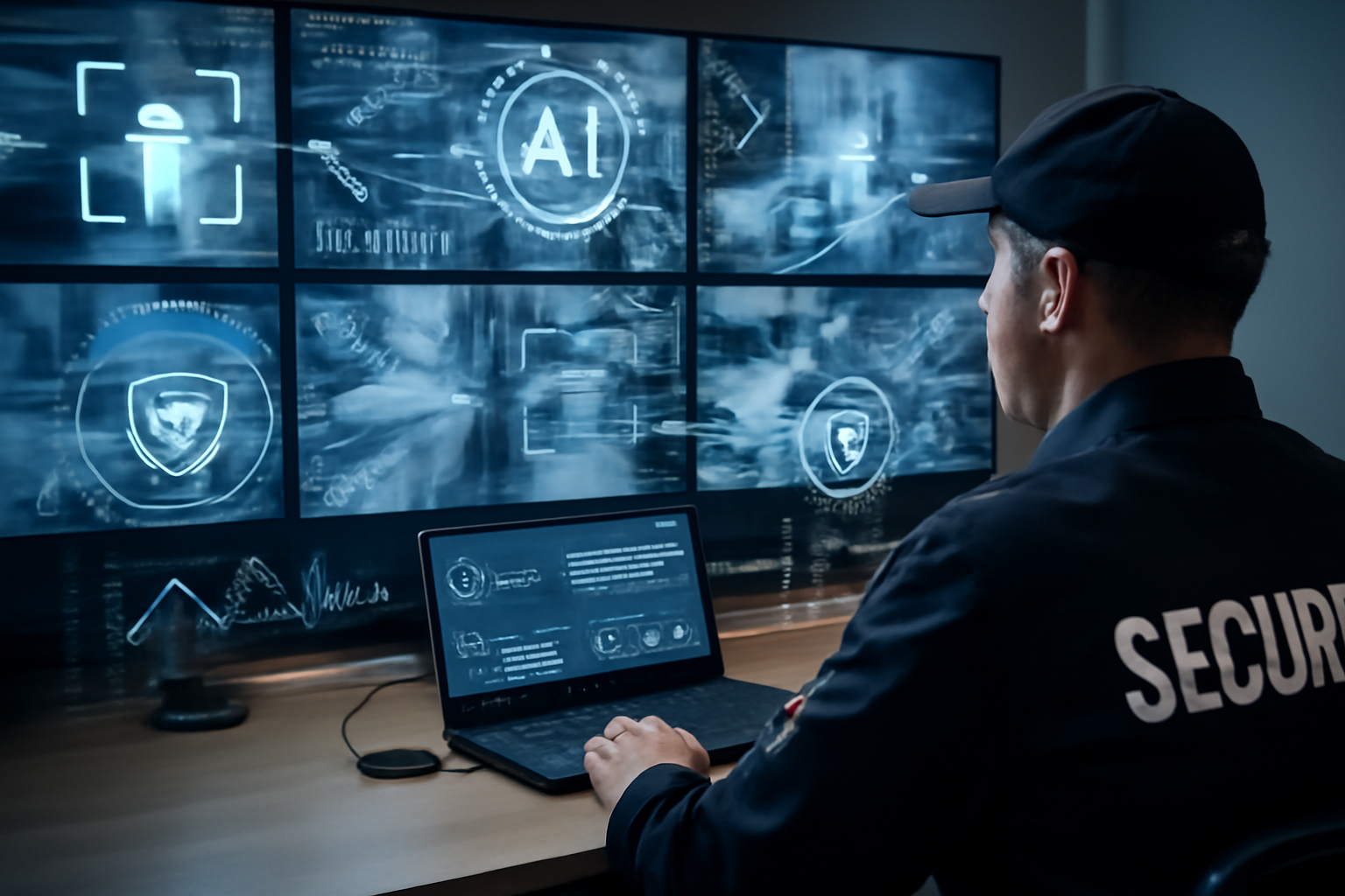 A security guard monitoring multiple smart surveillance screens with digital data overlays, AI icons, and IoT device symbols.