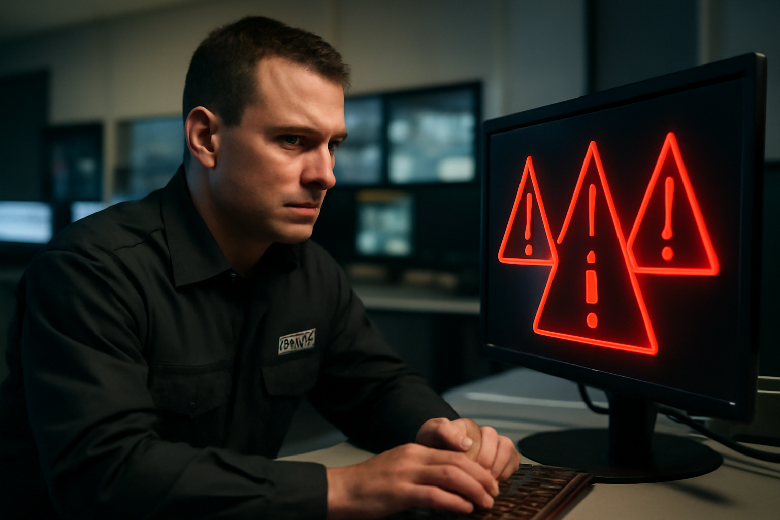 A security guard at a computer terminal, alert, with red warning symbols on screen, in a control room setting.