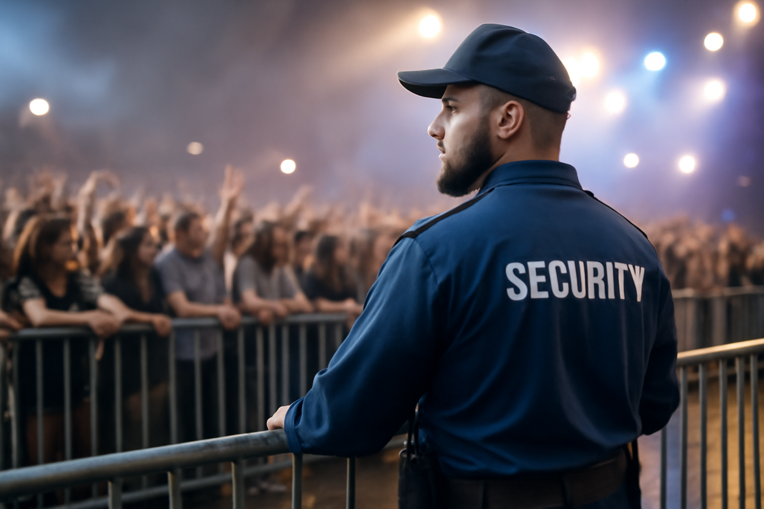 A uniformed security guard monitoring a concert crowd with metal barriers and stage lighting in the background.