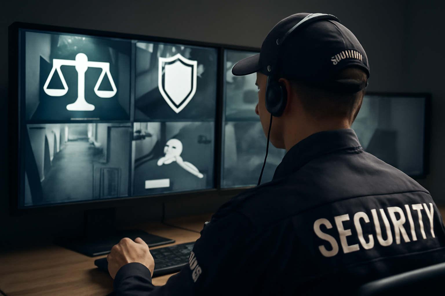 A security guard watching multiple surveillance camera feeds on monitors, with legal icons like a scale or shield overlayed
