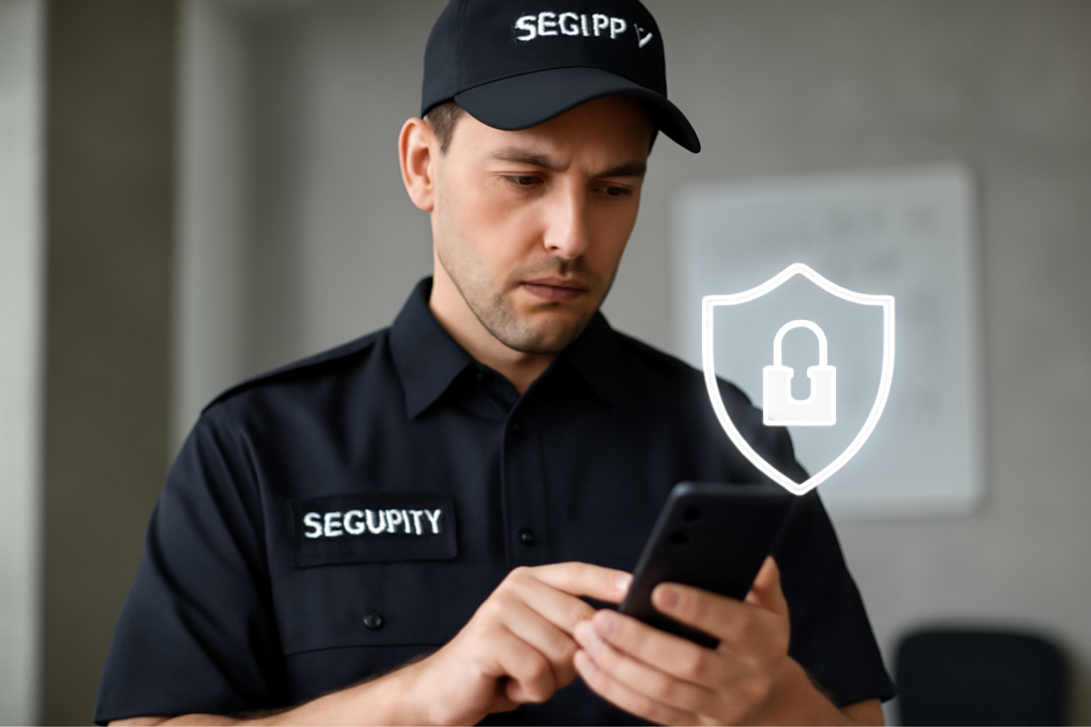 A uniformed security guard using a smartphone with a shield icon overlay, symbolizing cybersecurity