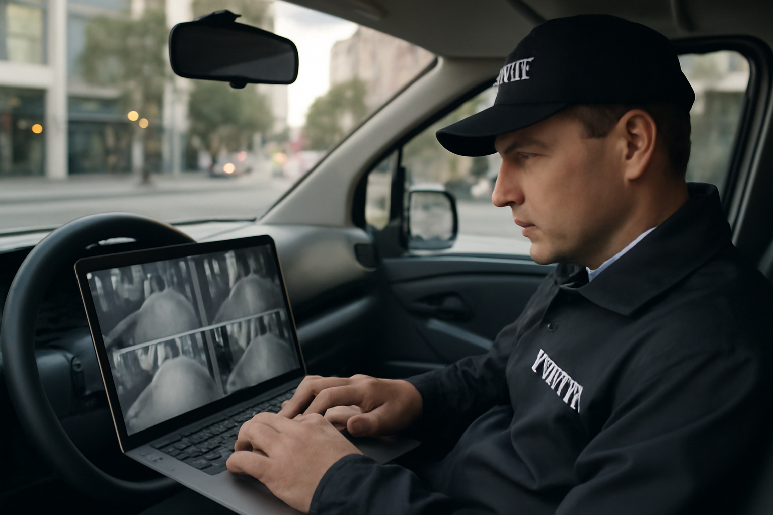 A security guard inside a surveillance vehicle watching live camera feeds on a laptop, with city streets visible through the windshield.