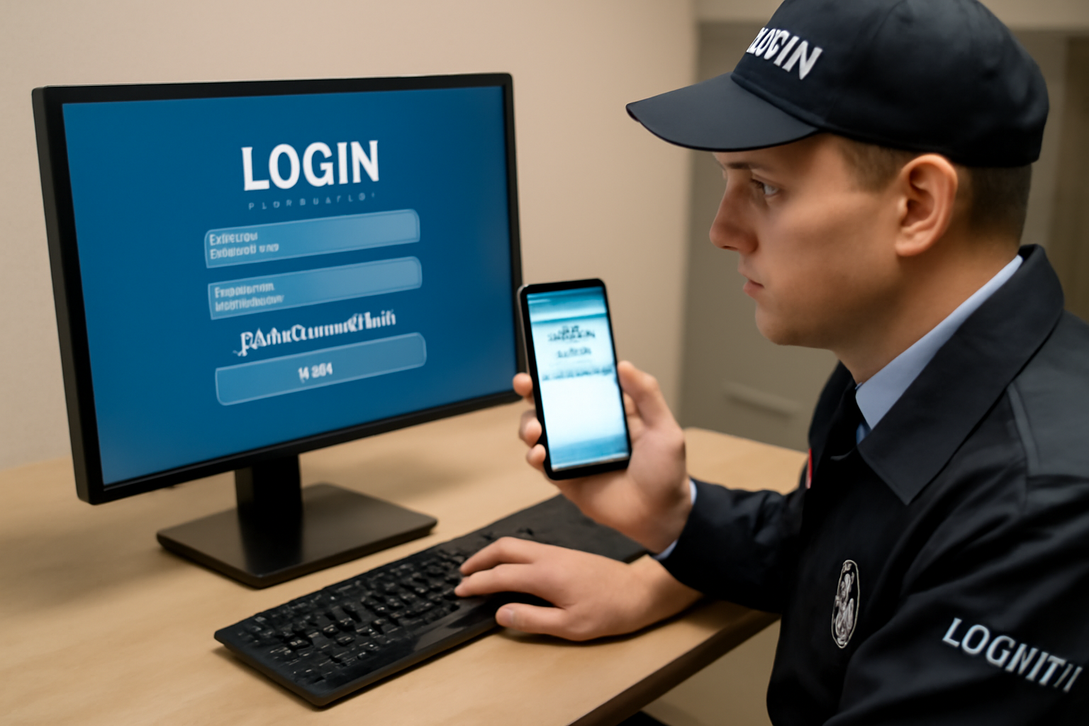 A security guard logging into a system with a mobile phone authentication app in hand, showing a verification code.