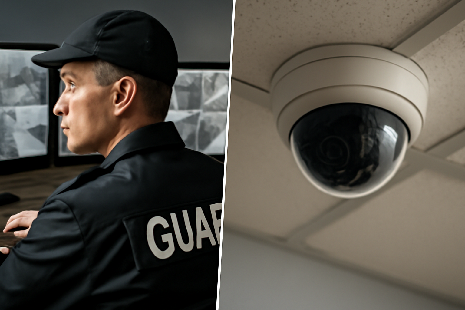 A split image showing a uniformed guard watching security monitors on one side, and a hidden camera discreetly mounted on a ceiling on the other.