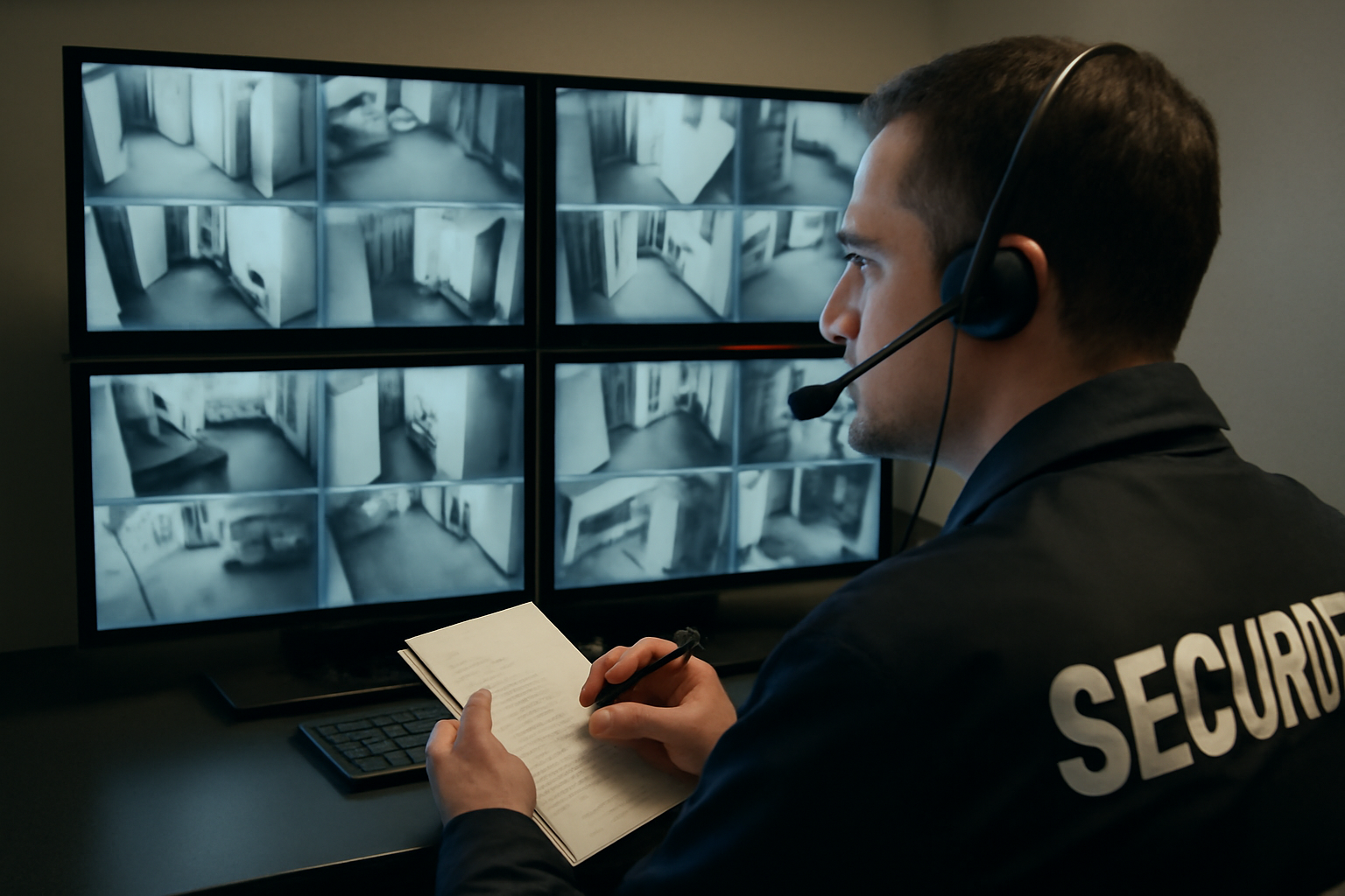 A security guard watching multiple surveillance camera feeds on monitors in a control room, with a headset and notepad.