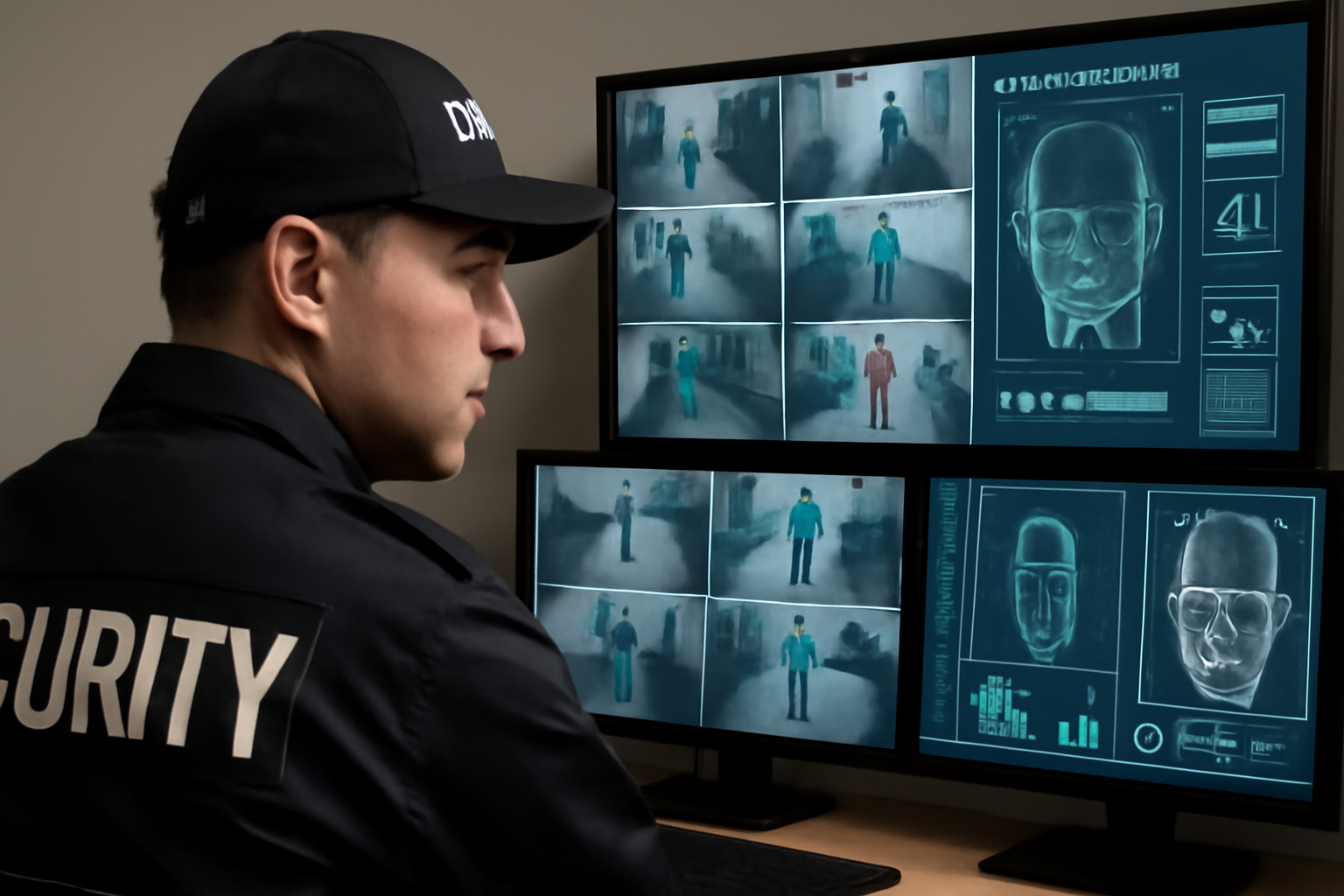 A private security officer watching multiple CCTV camera feeds on monitors, with AI video analytics interface visible.